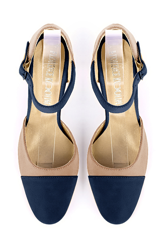 Navy blue and biscuit beige women's open side shoes, with an instep strap. Round toe. Medium block heels. Top view - Florence KOOIJMAN